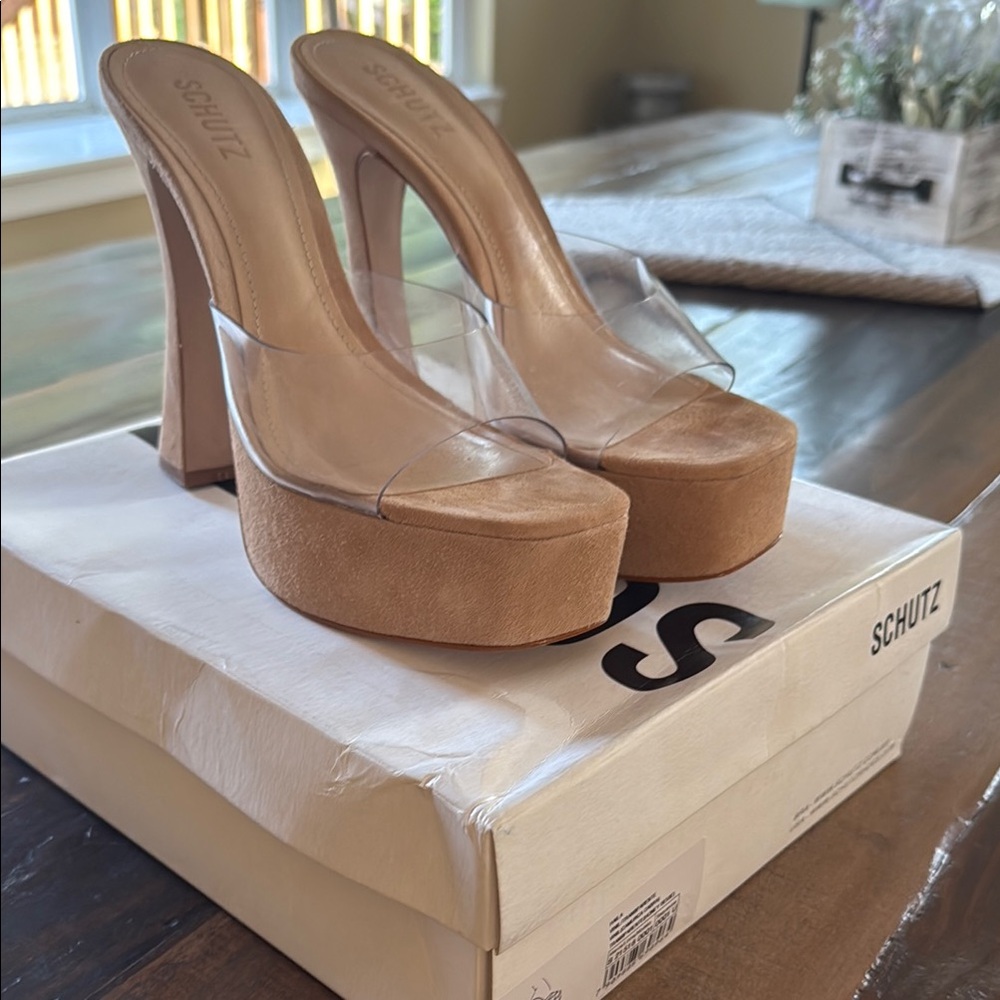SCHUTZ Tan Platform Mules with Transparent Upper